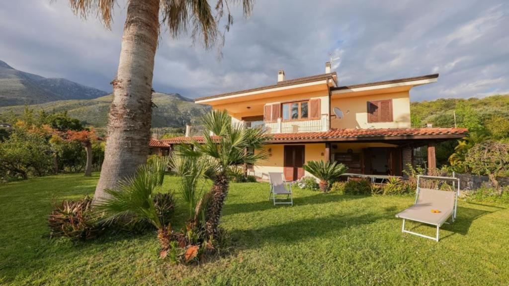 ein Haus mit einer Palme und Stühlen im Hof in der Unterkunft Villa Gundi in Formia