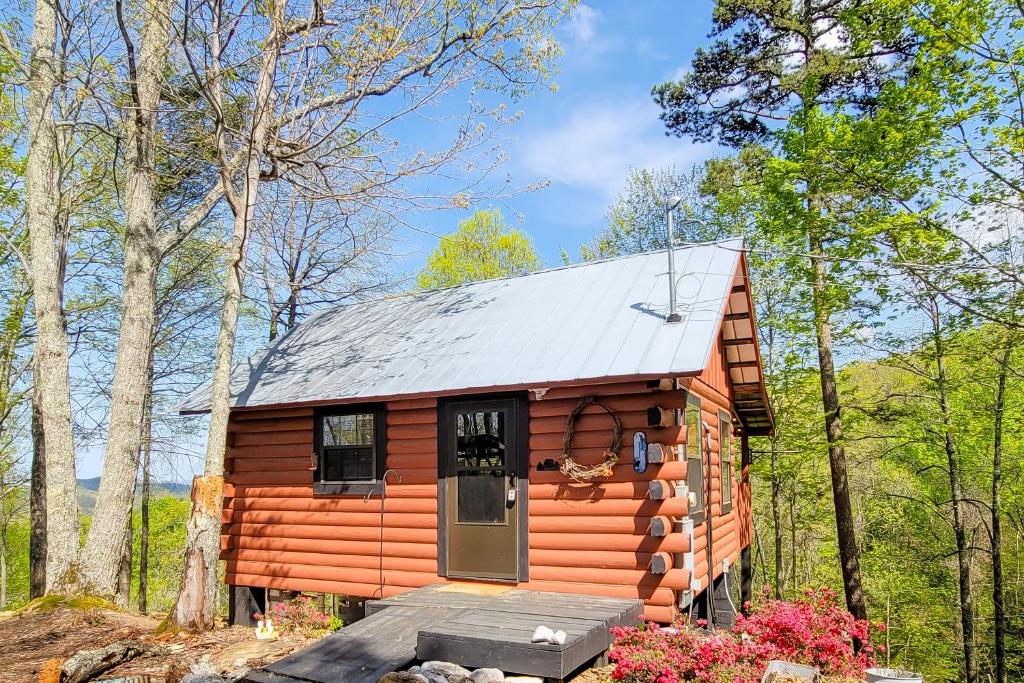 uma pequena cabana na floresta com um telhado de prata em Cozy Cabin em Sevierville