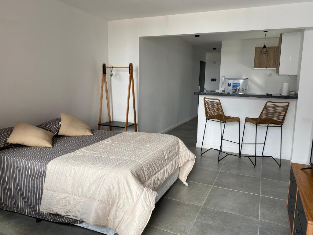 a bedroom with a bed and a counter and a kitchen at Moderno monoambiente con vista al Río in Rosario