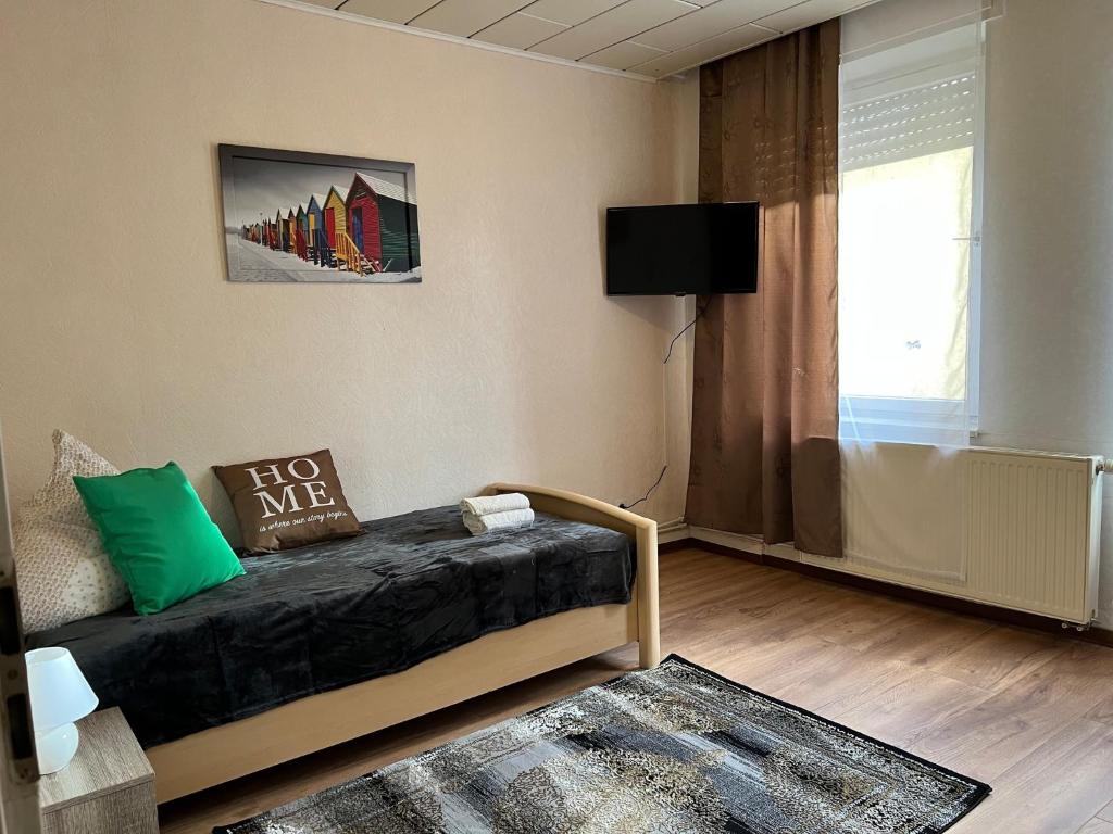 sala de estar con cama y ventana en Ferienappartements Dolgesheim 5 en Dolgesheim