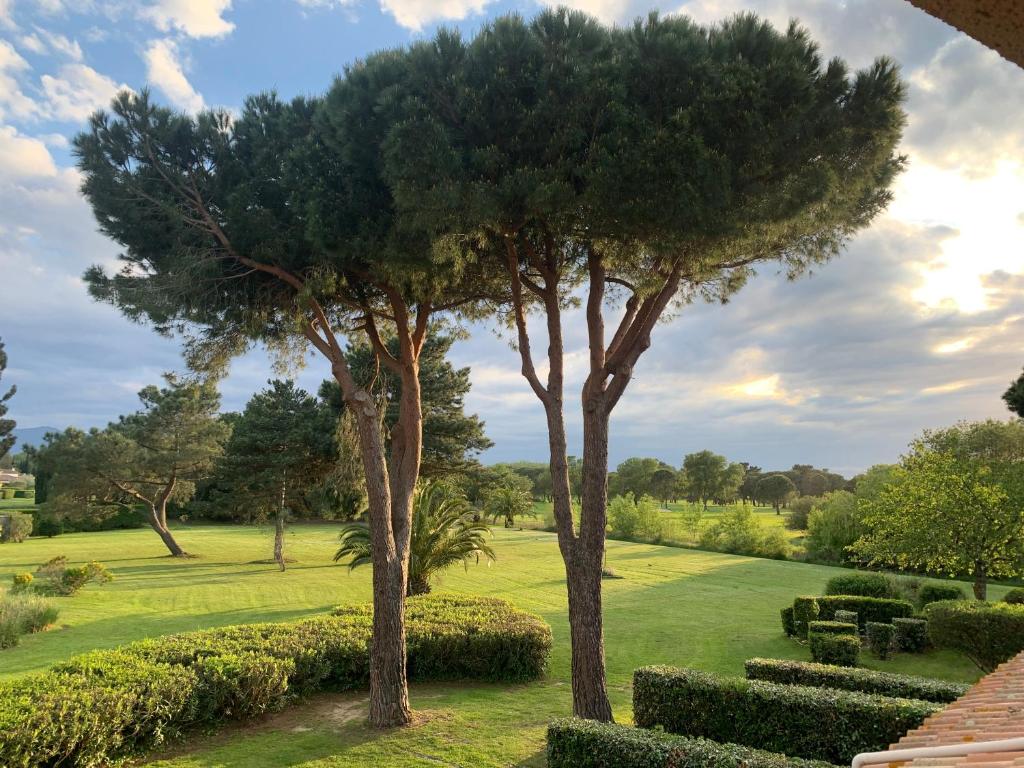 zwei Bäume in der Mitte eines Golfplatzes in der Unterkunft L’ Appart du Golf in Saint-Cyprien