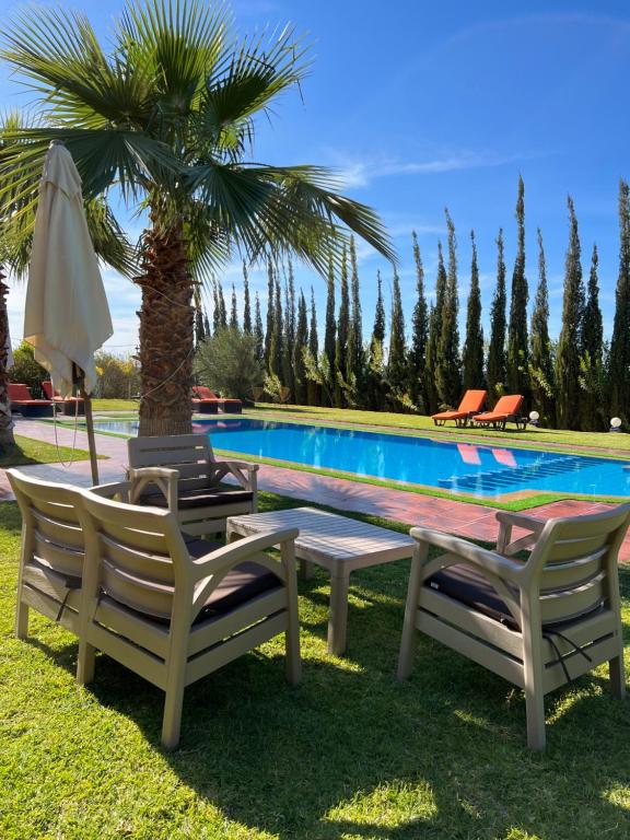 duas cadeiras e uma mesa e uma palmeira junto a uma piscina em Villa Haitam Marrakech em Oubadine