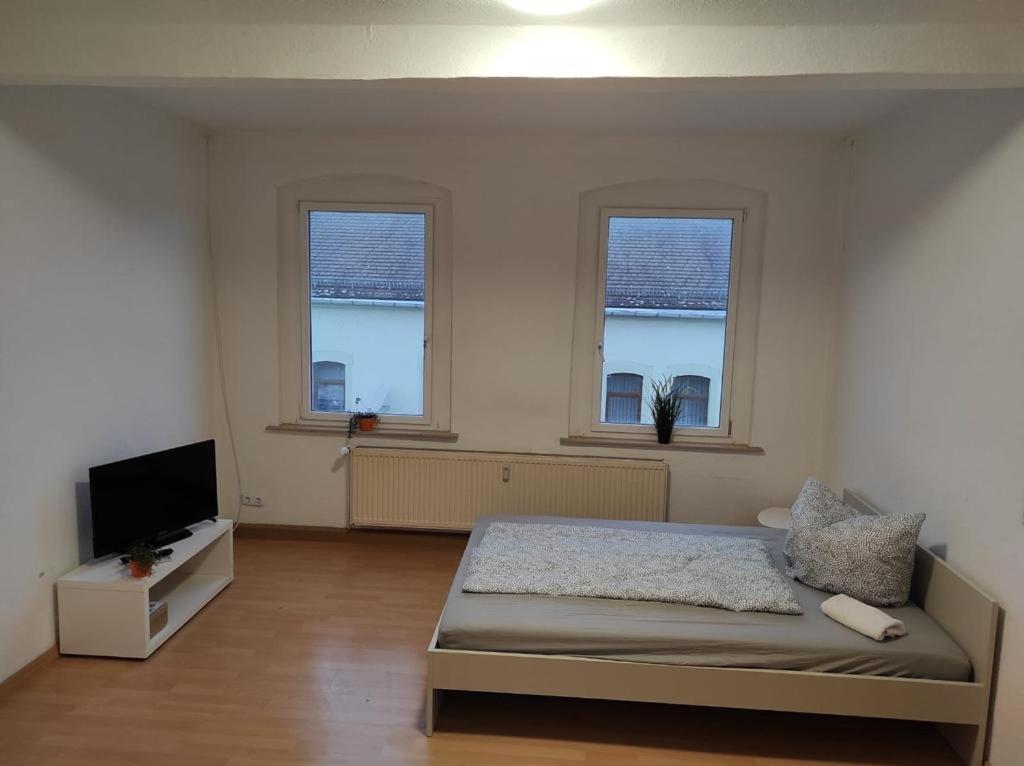 um quarto com uma cama e uma televisão de ecrã plano em Beautiful 2 bedroom apartment in a quiet area em Kretzschau