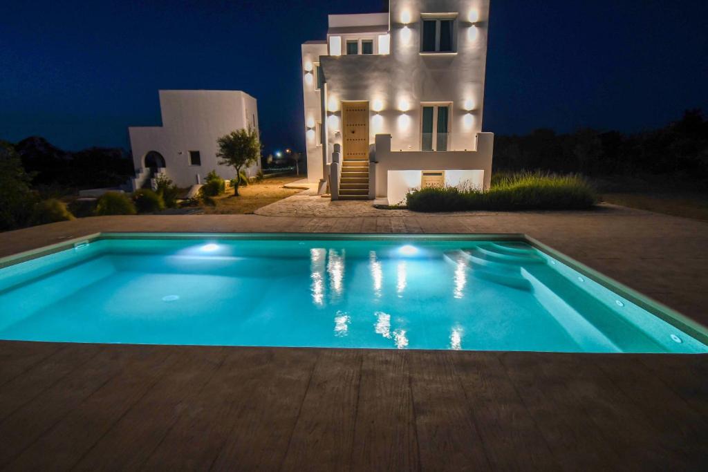 a swimming pool in front of a house at night at Divine Naxos Villa in Plaka