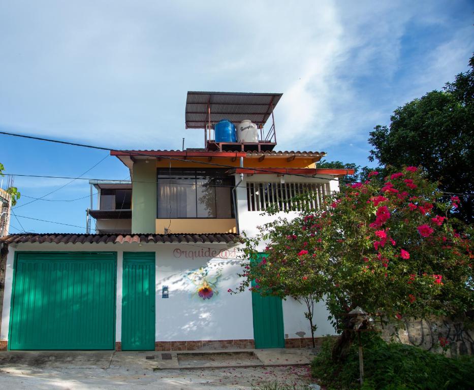 una pequeña casa con una puerta verde y flores en ALOJAMIENTO FAMILIAR ORQUIDE@S, en Tarapoto