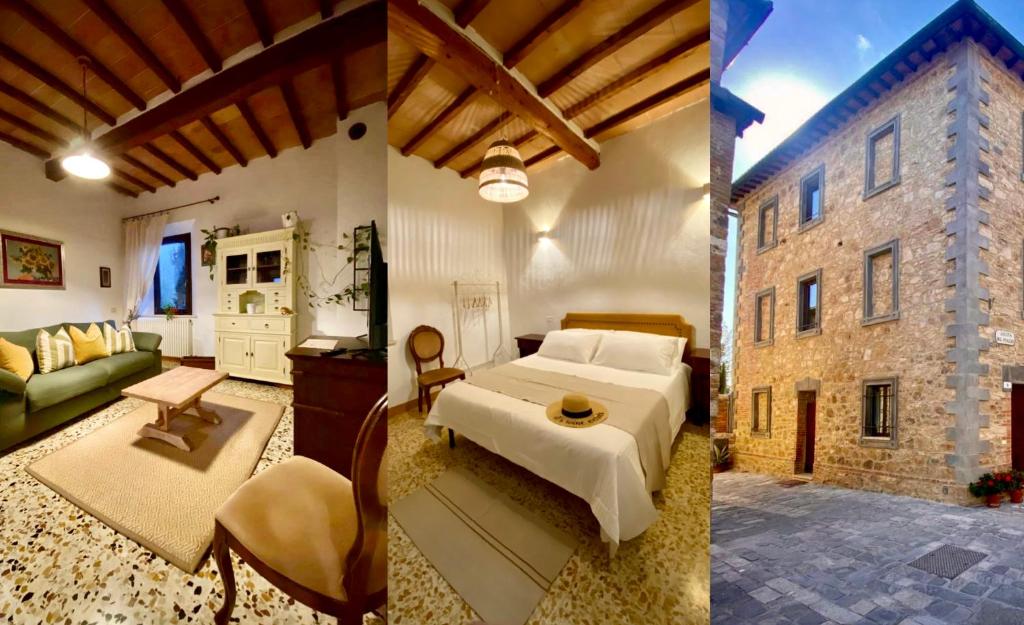 a bedroom with a bed and a living room at Dimora del Poggio a San Quirico d’Orcia in San Quirico dʼOrcia
