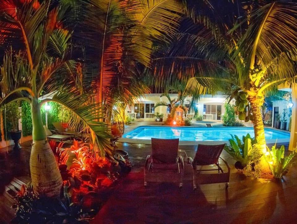 邦勞的住宿－諾拉之家公寓，一个带游泳池、棕榈树和椅子的度假酒店