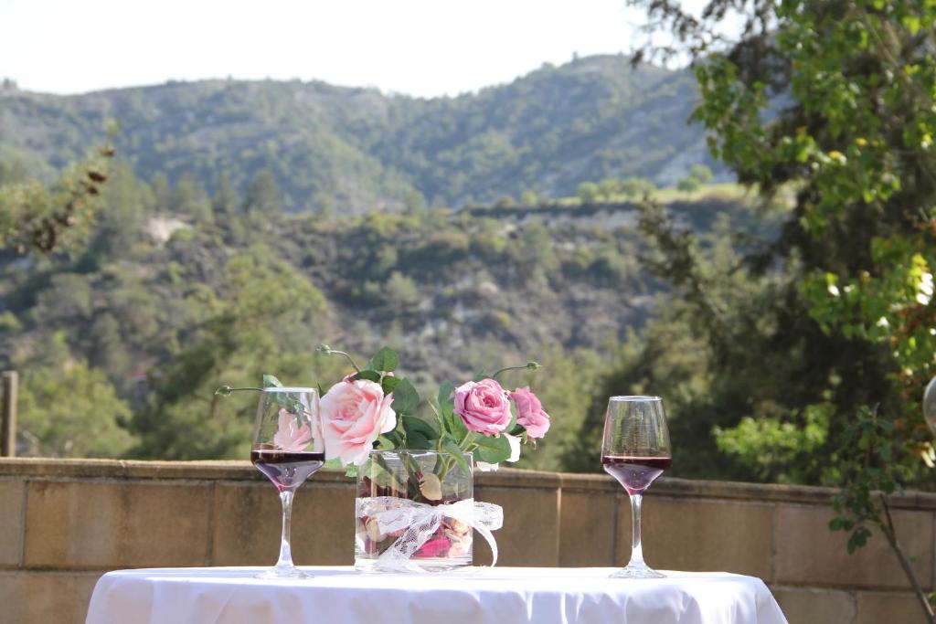 zwei Gläser Wein auf einem Tisch mit Rosen in der Unterkunft House of Roses in Limassol