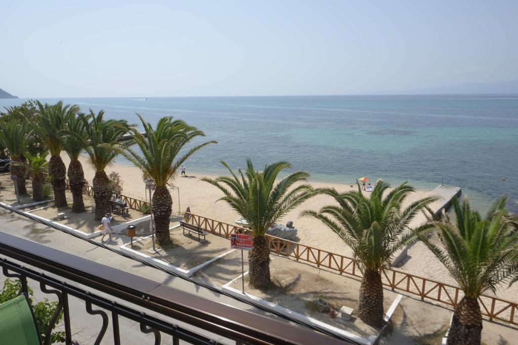 a view of a beach with palm trees and the ocean at Hotel Akrogiali in Ouranoupoli