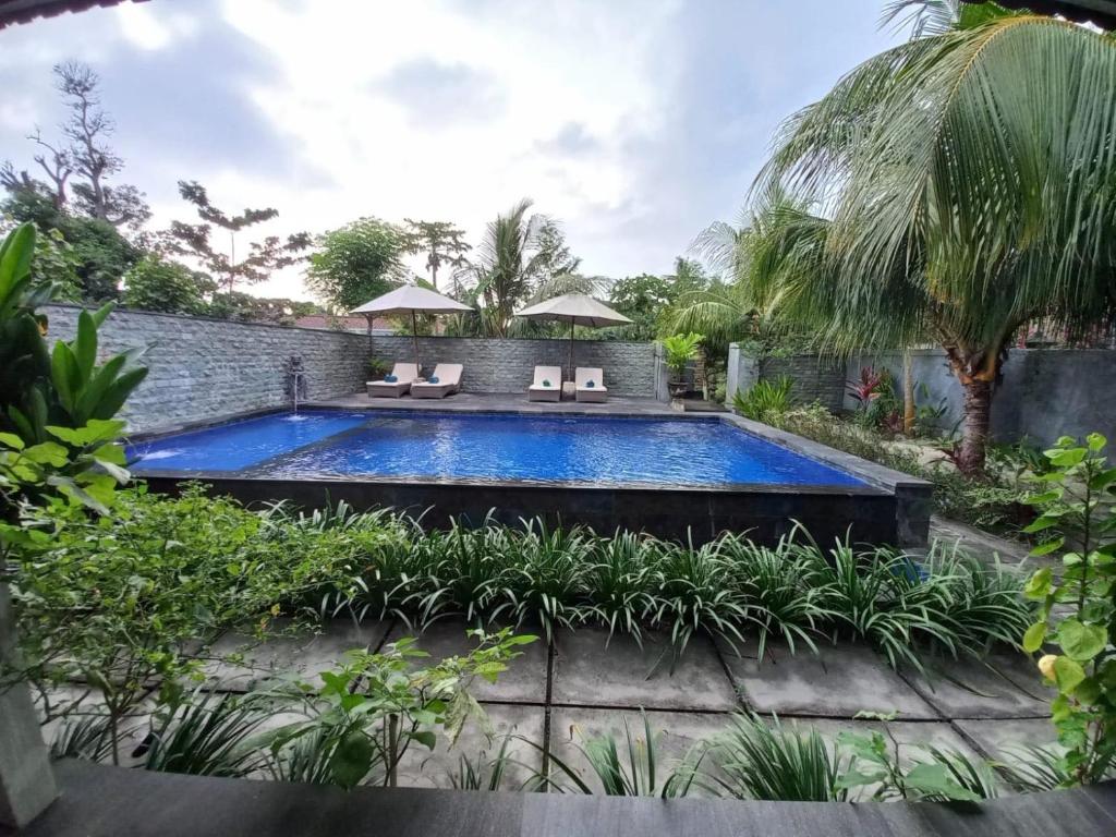 a swimming pool in the middle of a garden at Bobo Bungalow in Nusa Lembongan