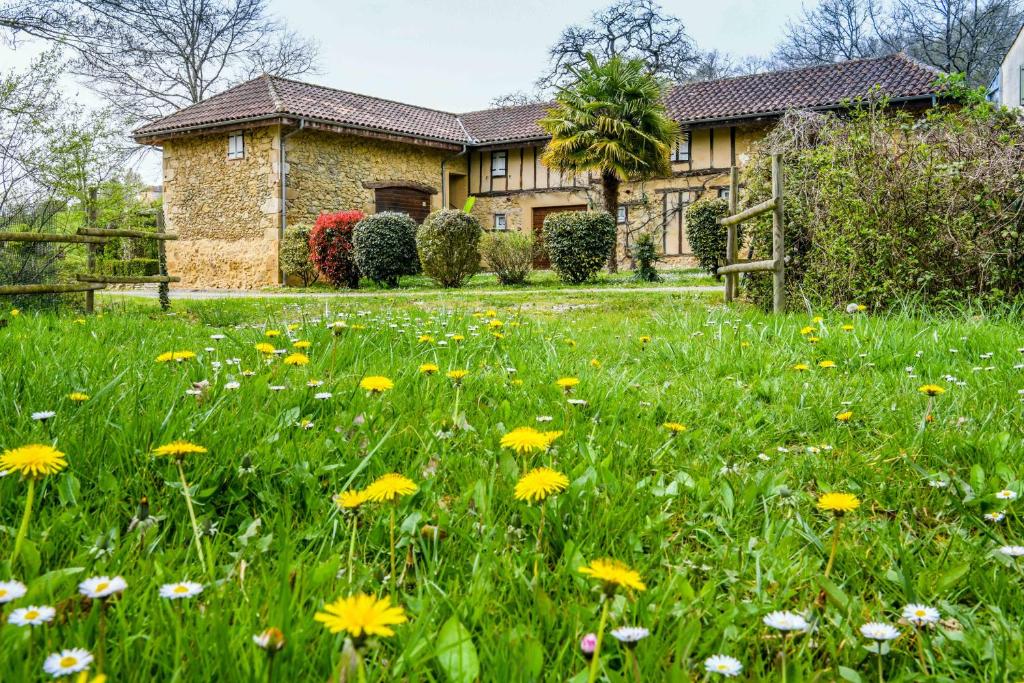 a field of flowers in front of a house at Logis Le Relais du Bastidou in Beaumarches