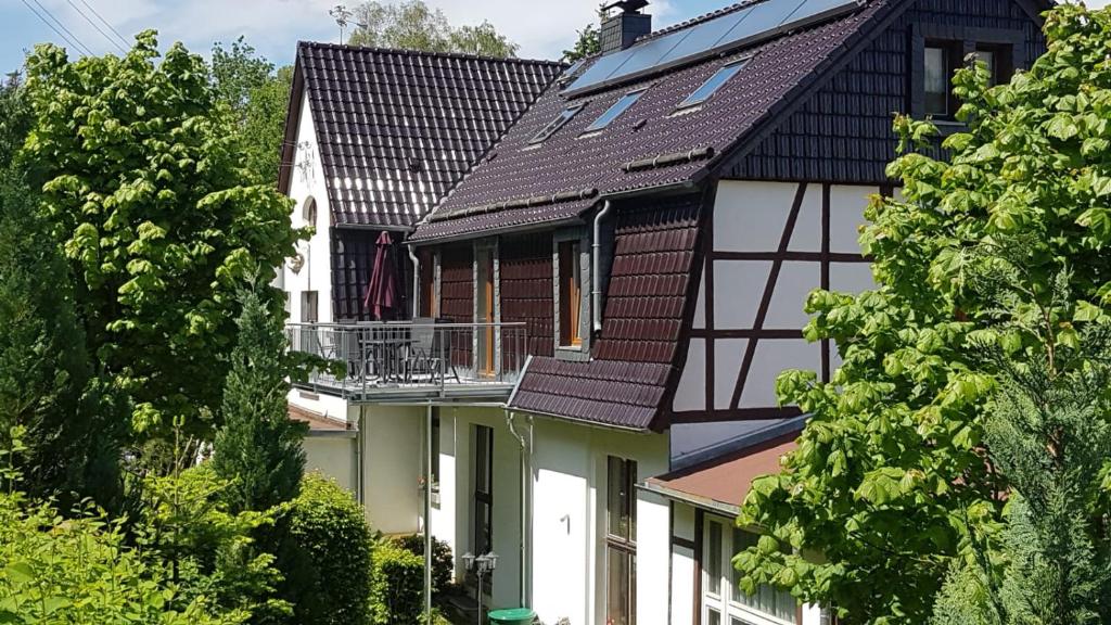 ein Haus mit schwarz-weißen Dächern und Bäumen in der Unterkunft Ferienwohnung Altenbrak Haus Wilde in Thale