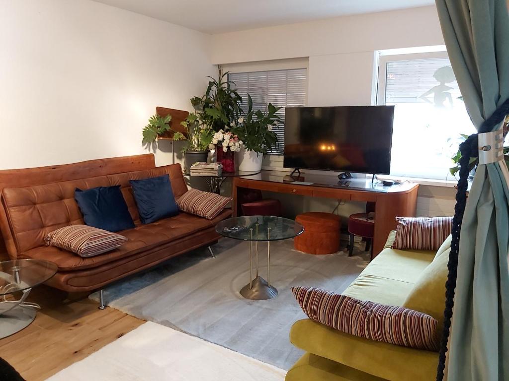 een woonkamer met een bank, een tafel en een televisie bij Royal Apartment 02 in Schaan