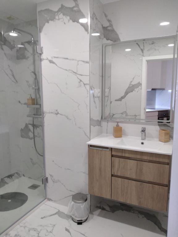 een badkamer met een wastafel en een douche met een spiegel bij TMJ Apartamento in Porto