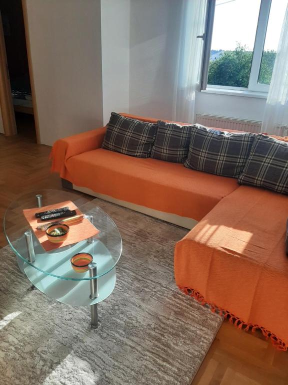 a living room with an orange couch and a glass table at BelMir Apartment in Mali Mokri Lug