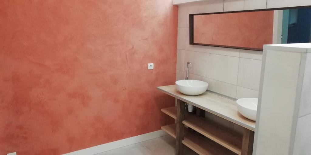 ein Badezimmer mit 2 Waschbecken und einem Spiegel in der Unterkunft colmar in Horbourg