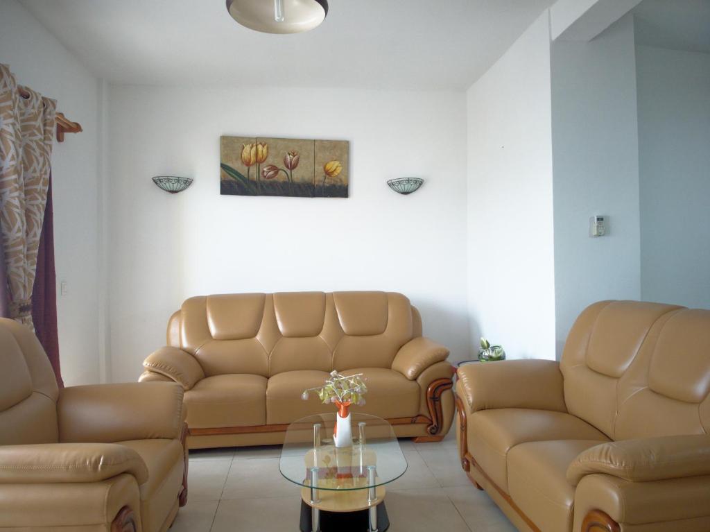 ein Wohnzimmer mit 2 Ledersofas und einem Tisch in der Unterkunft Nomsa Zen Appartement in Abaga