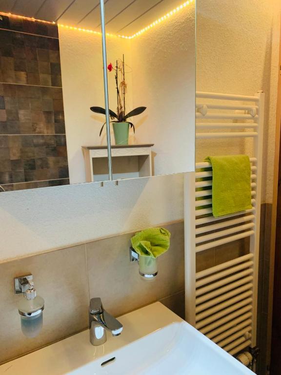 een badkamer met een wastafel en een spiegel bij Casa Restelli OG - nahe Andermatt Gotthard in Gurtnellen