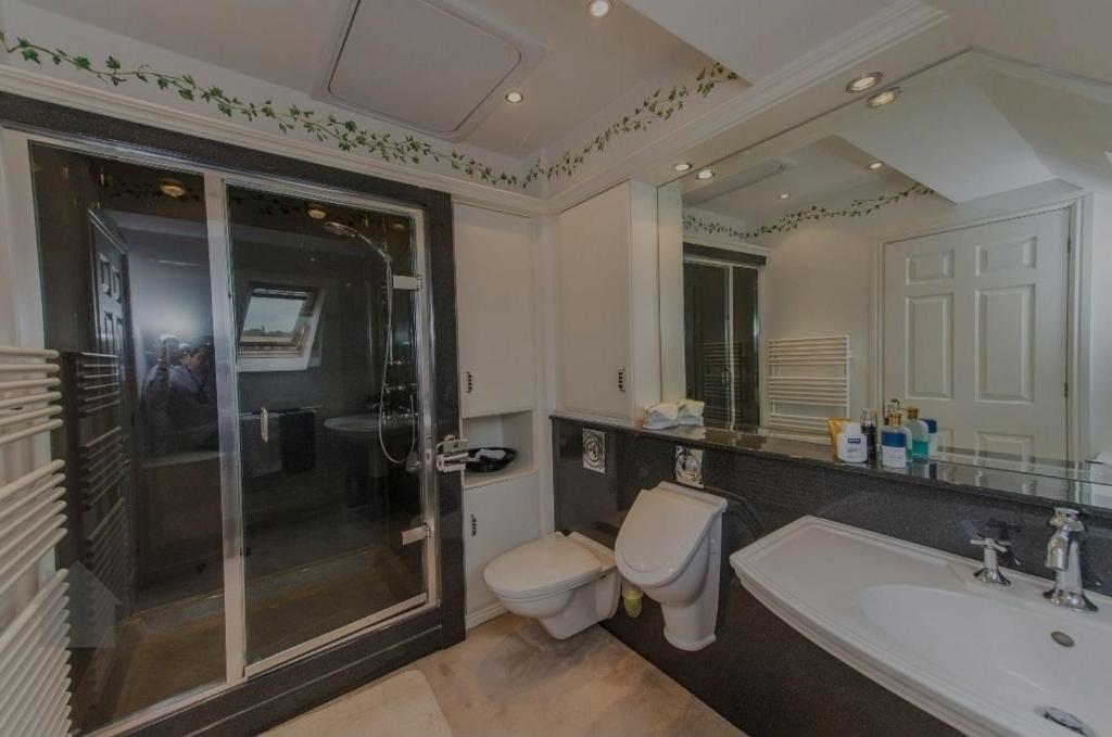 een badkamer met een toilet, een wastafel en een douche bij Morning Glory in Bolton