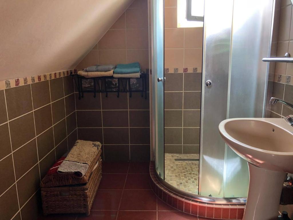 y baño con ducha y lavamanos. en Szendergő - Apartman Hajós pincefalu, en Hajós