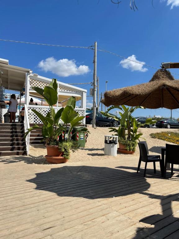 eine Terrasse mit Stühlen und einem Sonnenschirm am Strand in der Unterkunft La Torretta in Marina di Lizzano