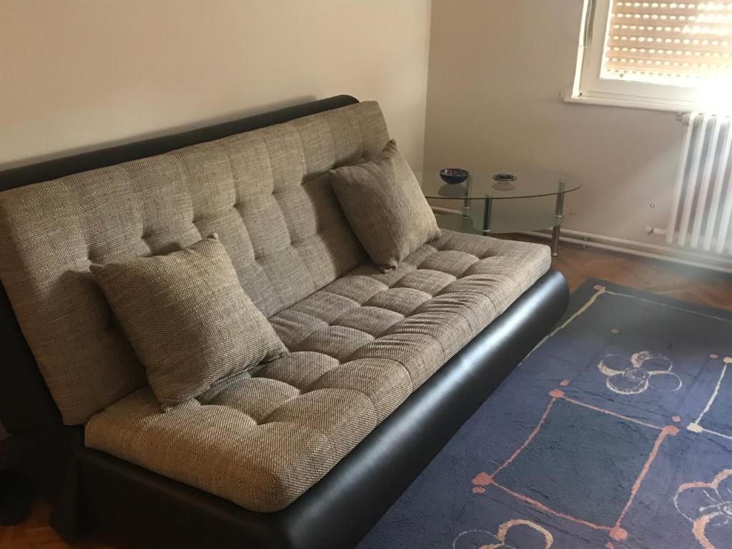 a black couch in a living room with a rug at Apartman CENTAR in Titel