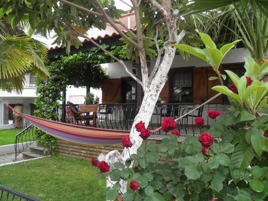 a hammock in front of a house with red roses at Summer House Fotini in Keramoti