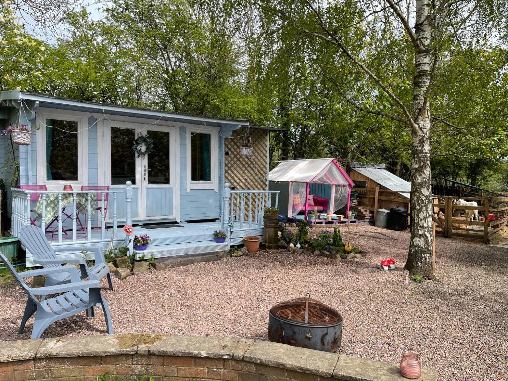 a blue house with a chair in a yard at Woodlands Lodge - come and enjoy the good life in Buckley