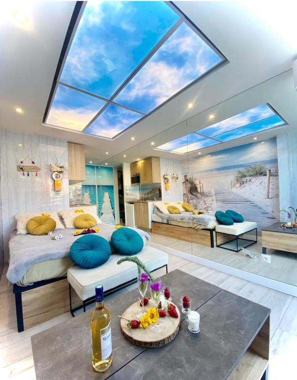 - une chambre avec 2 lits et une grande lucarne dans l'établissement Naturiste Cap d'Agde Port Nature 57, au Cap d'Agde