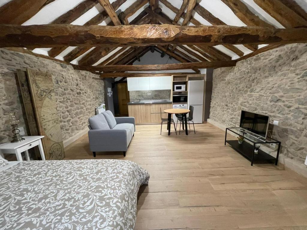 a bedroom with a bed and a living room at Loft Casa Bergua in Arguis