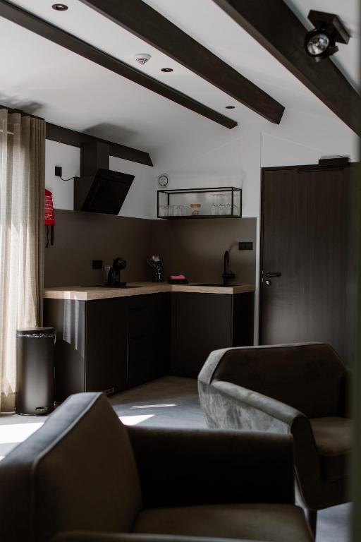 a living room with a couch and a kitchen at De la Rue Vakantiesuites in Sleeuwijk