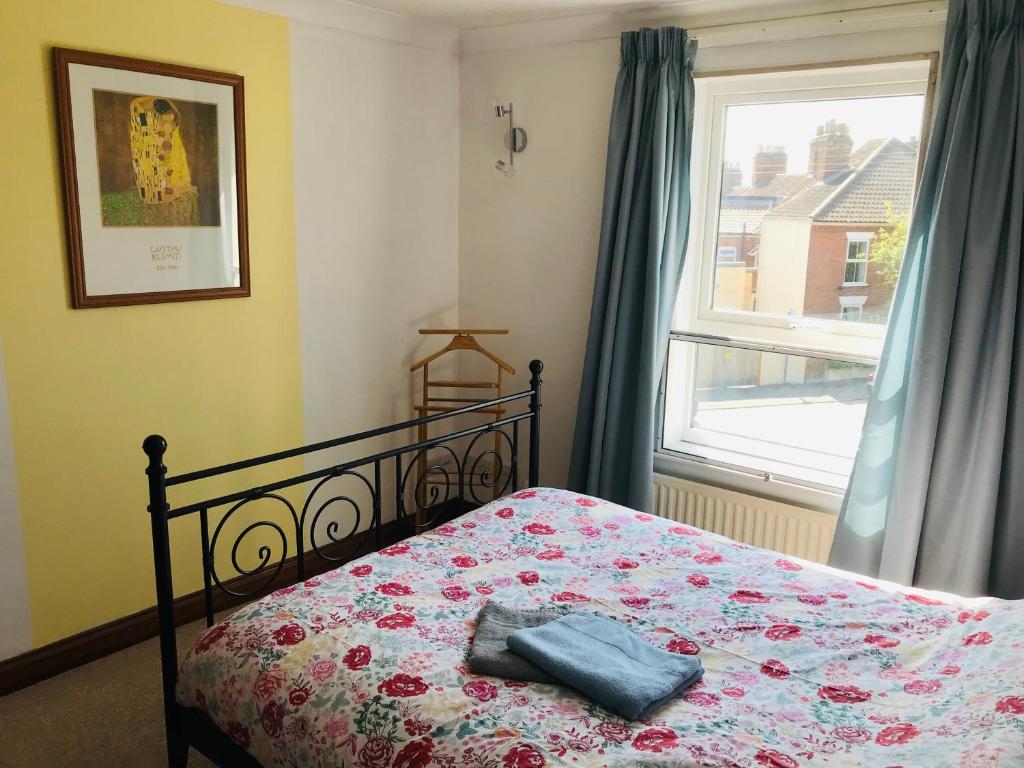Schlafzimmer mit einem Bett und einem Fenster in der Unterkunft Cosy house, 3 bedrooms, private parking, wifi, patio in Norwich