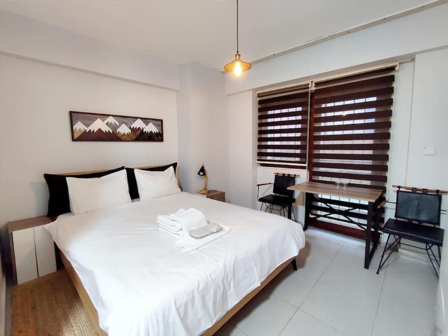 1 dormitorio con 1 cama blanca grande y escritorio en Cozy big room with basement garden R1, en Estambul