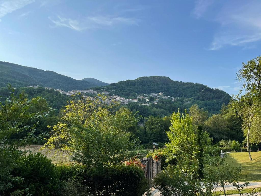 vistas a un valle con montañas en el fondo en Il paradiso delle beccacce, en Popiglio