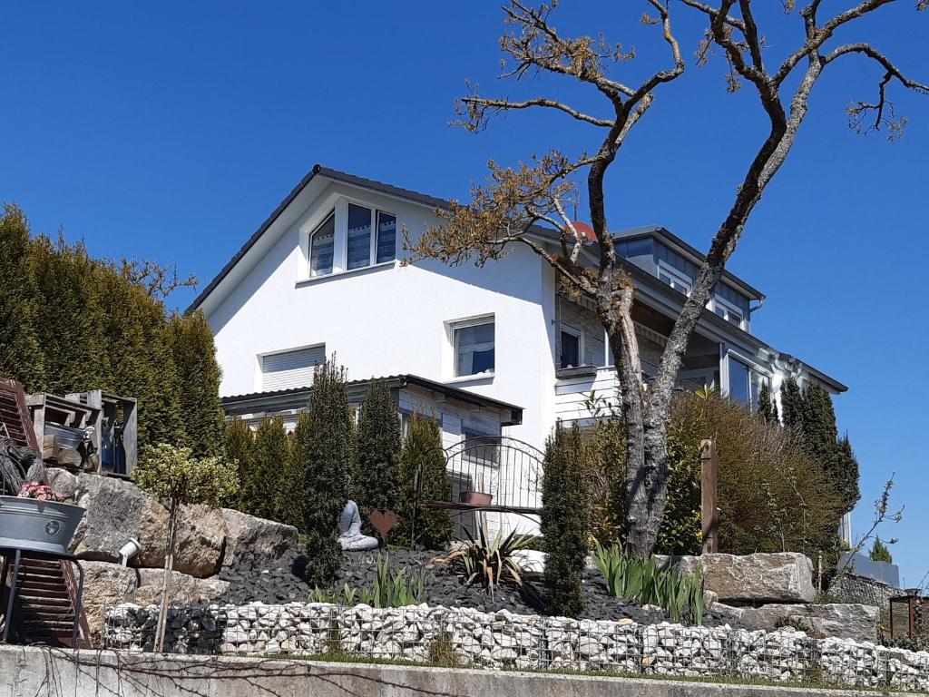 una casa bianca con un albero davanti di Städtle-Blick a Hayingen