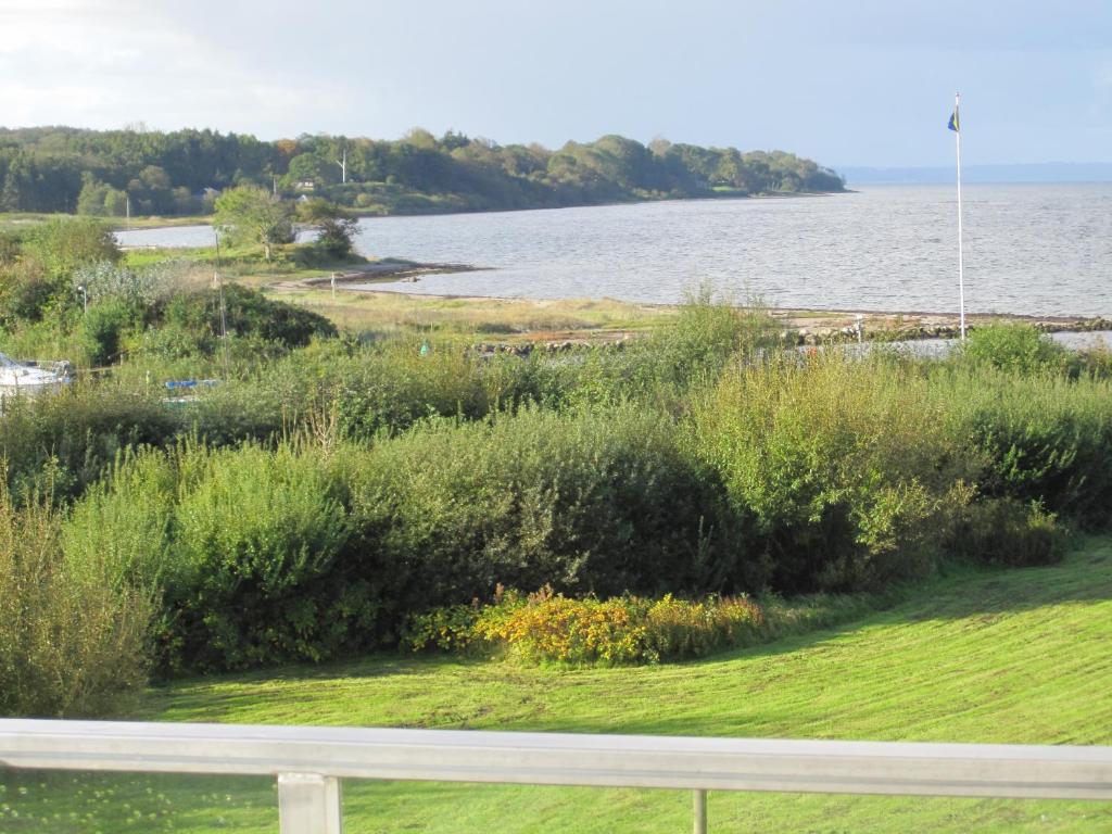 a view of a body of water with grass and bushes at Smucke Stuuv I in Glücksburg