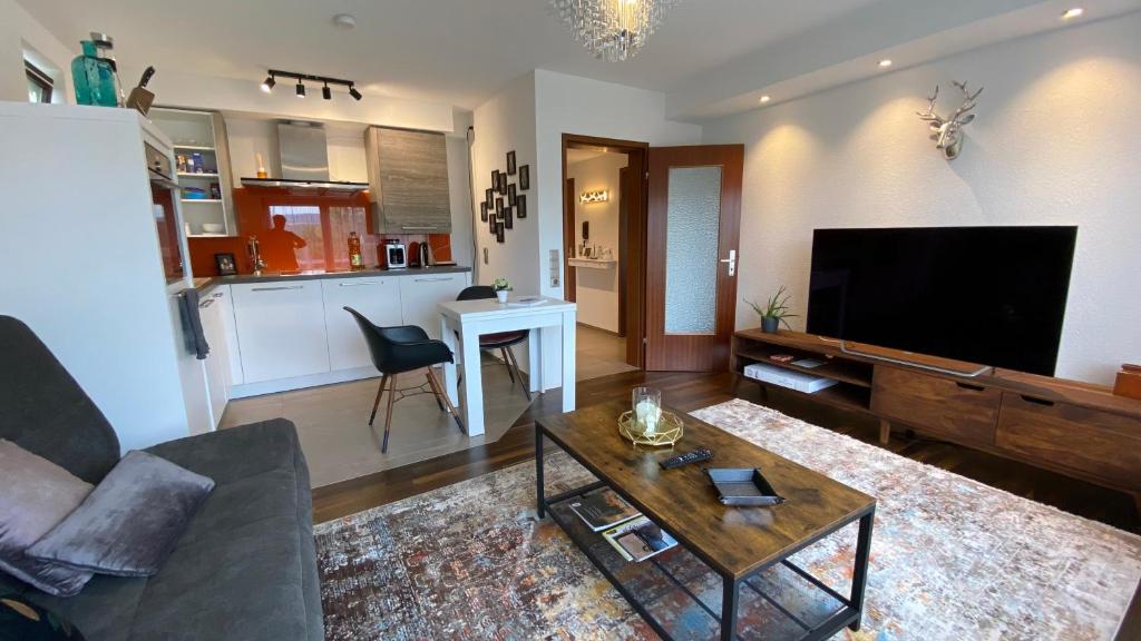 sala de estar con sofá, TV y mesa en Stilvolle Wohnung in idyllischer Lage, en Bad Säckingen
