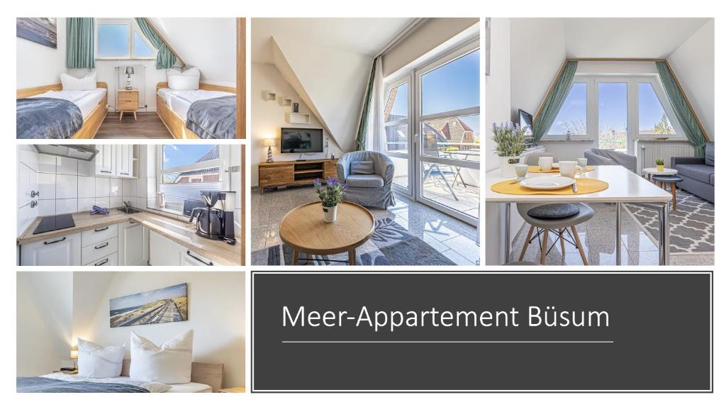a collage of pictures of a hotel room at Meer Appartement in Büsum