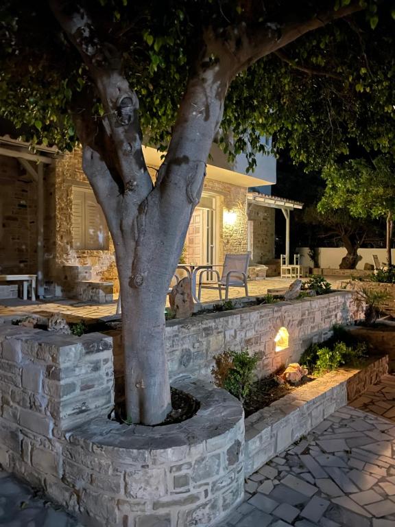a stone wall around a tree in front of a house at Villa Sylvia in Matala