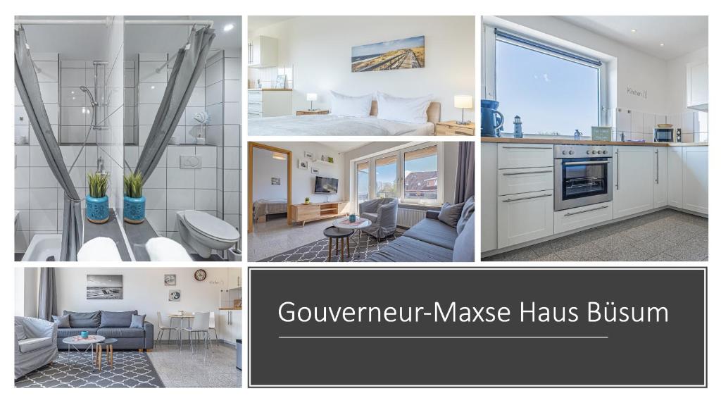 a collage of photos of a kitchen and a living room at Appartementhaus Gouverneur-Maxse Büsum in Büsum