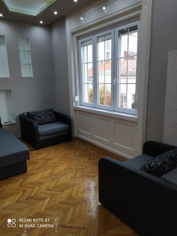 salon z 2 kanapami i oknem w obiekcie Széchenyi Apartman (IV Deluxe) Miskolc belvárosában w Miszkolcu