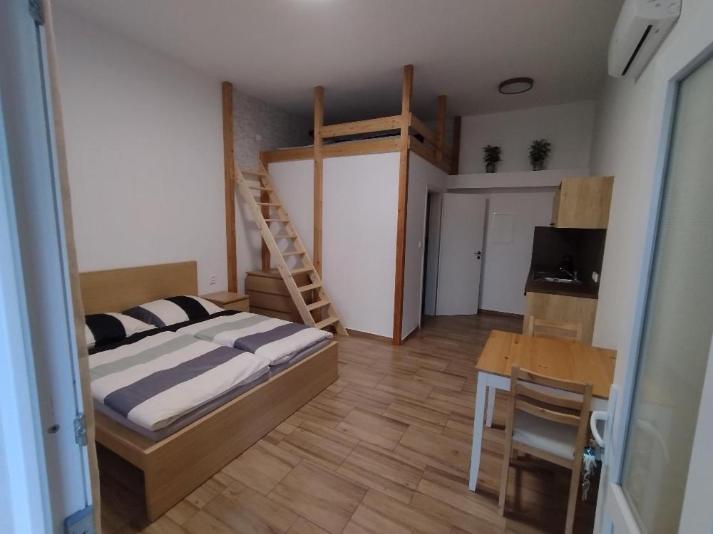 Schlafzimmer mit einem Bett, einem Schreibtisch und einer Leiter in der Unterkunft Ubytování Zahrada in Velké Pavlovice