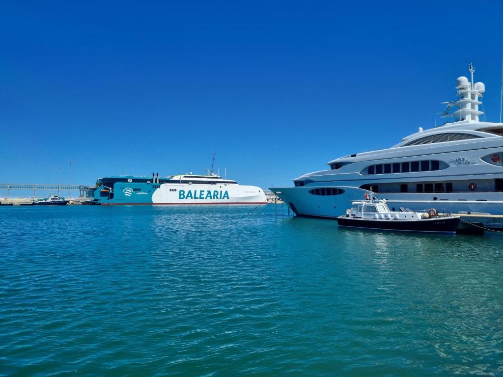 two cruise ships are docked in a harbor at Apartamentos en Denia frente al Puerto! in Denia