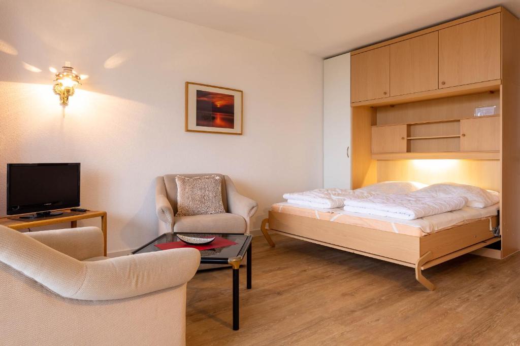 una camera con letto, TV e sedia di Ferienwohnpark Immenstaad am Bodensee Ein-Zimmer-Apartment 49 31 a Immenstaad am Bodensee