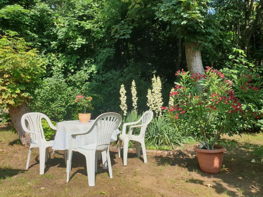 una mesa y sillas en un jardín con flores en Ferienwohnung Luise, en Bansin