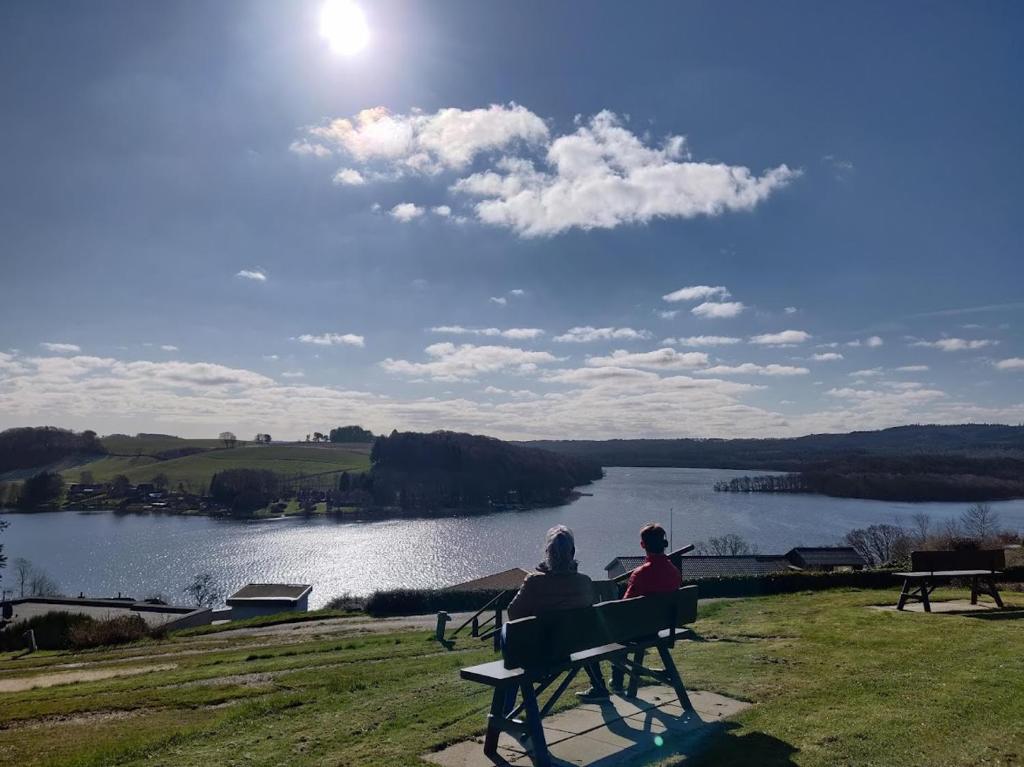 two people sitting on a bench looking at a lake at Terrassen Camping & Cottages in Silkeborg