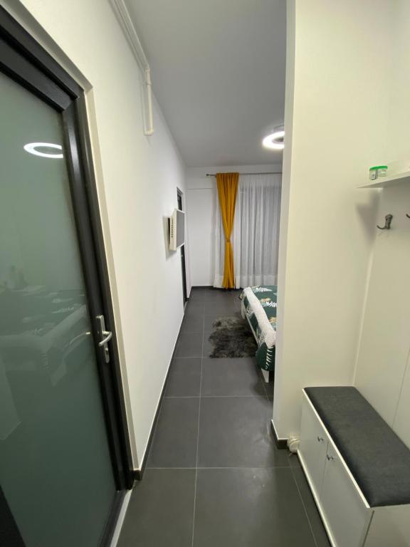 un couloir d'une chambre d'hôpital avec une porte dans l'établissement Garsoniera Adi, à Eforie Nord