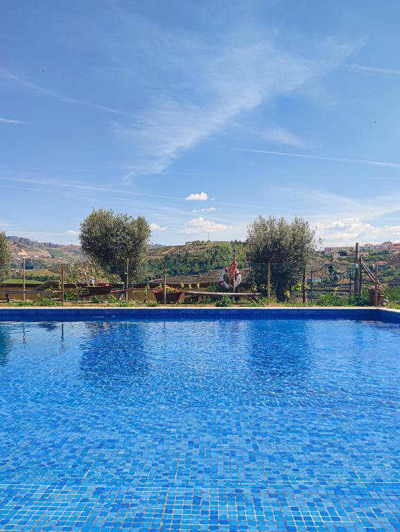 a large blue swimming pool with a view at Quinta dos Padrinhos - Suites in the Heart of the Douro in Lamego