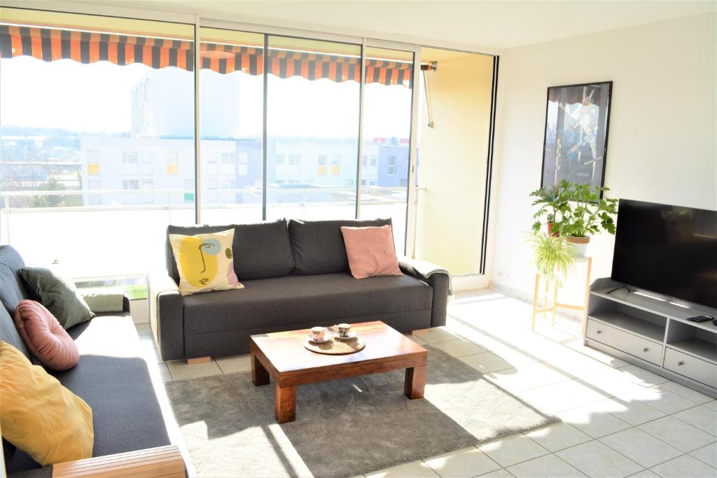 a living room with a couch and a coffee table at SunnyF2- EuroAiport-Basel-TrainStation-CityCenter in Saint-Louis