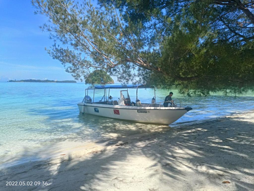 a boat sitting on the shore of a beach at GreenHouse EcoLodge in Mantanani Island 